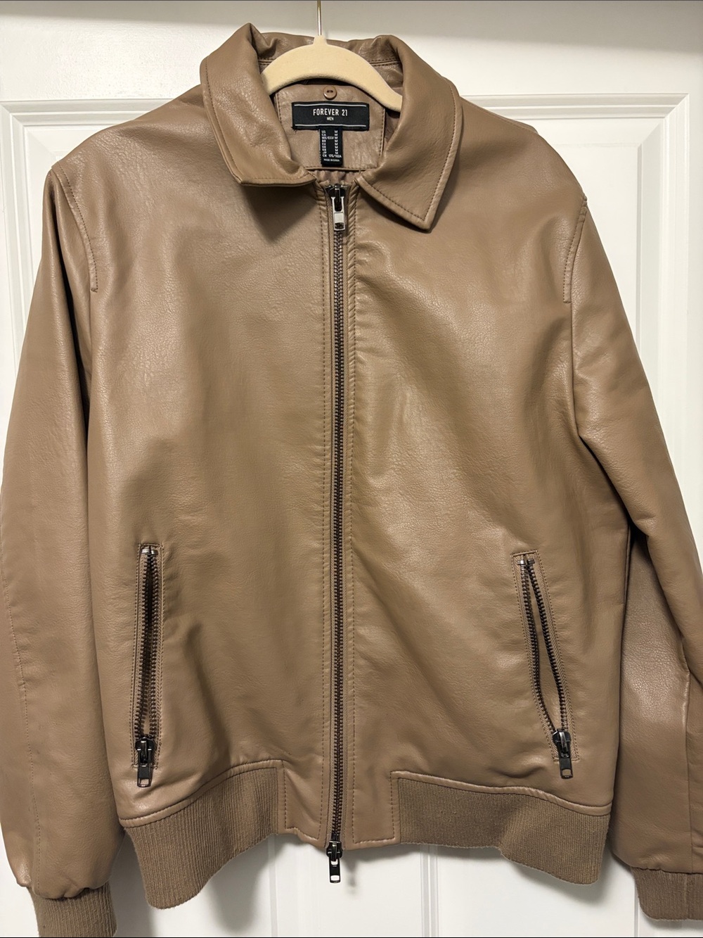 Forever 21 Men’s Taupe Faux Leather Bomber Jacket with Removable Faux Fur Collar